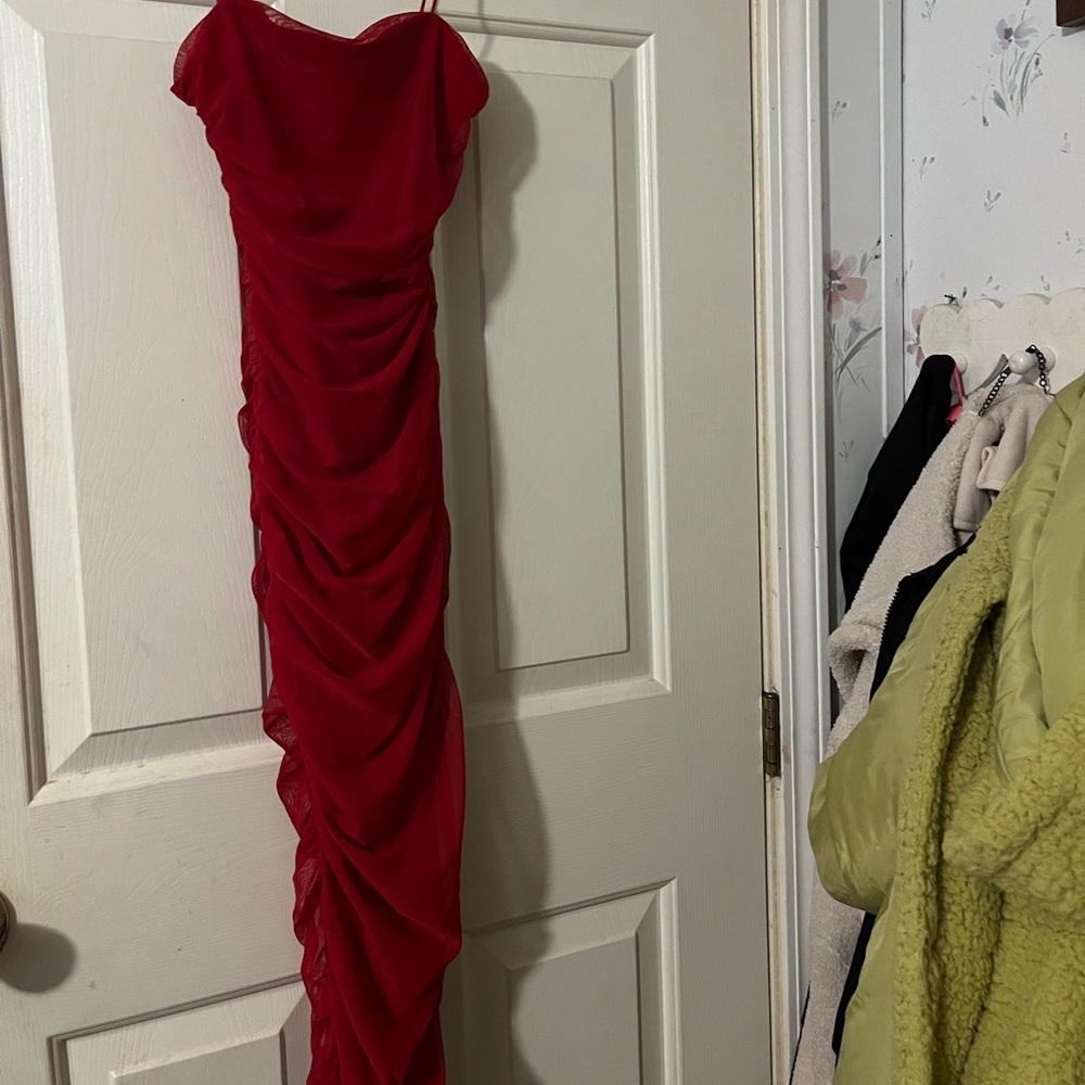Ruched zip up red dress.